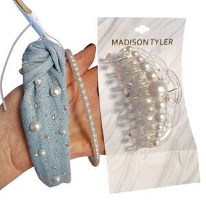 Embellished Pearl Denim Headbands And Clip Hair Accessories Bundle OF 3 NWT